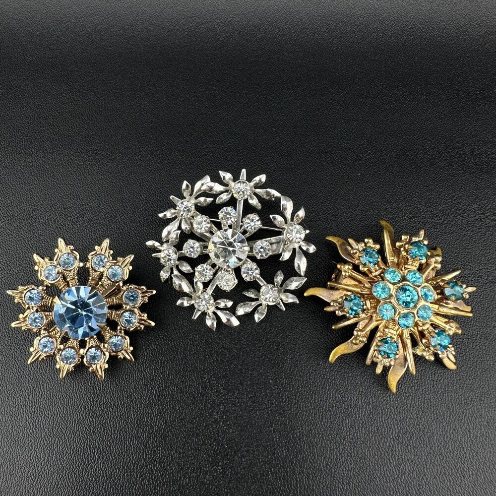 Vintage Rhinestone Brooch Lot Snowflake Star Flower Gold Silver Tone Blue Stones